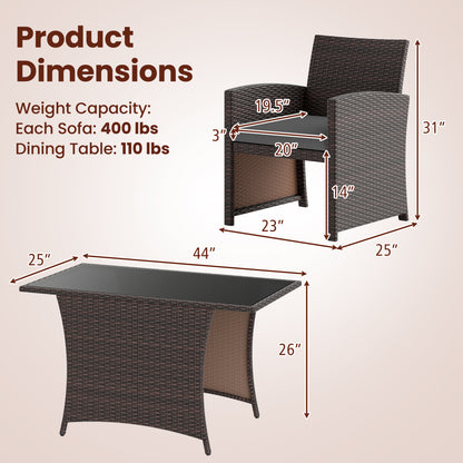 3 Piece Patio Wicker Dining Set, Glass Table, Gray