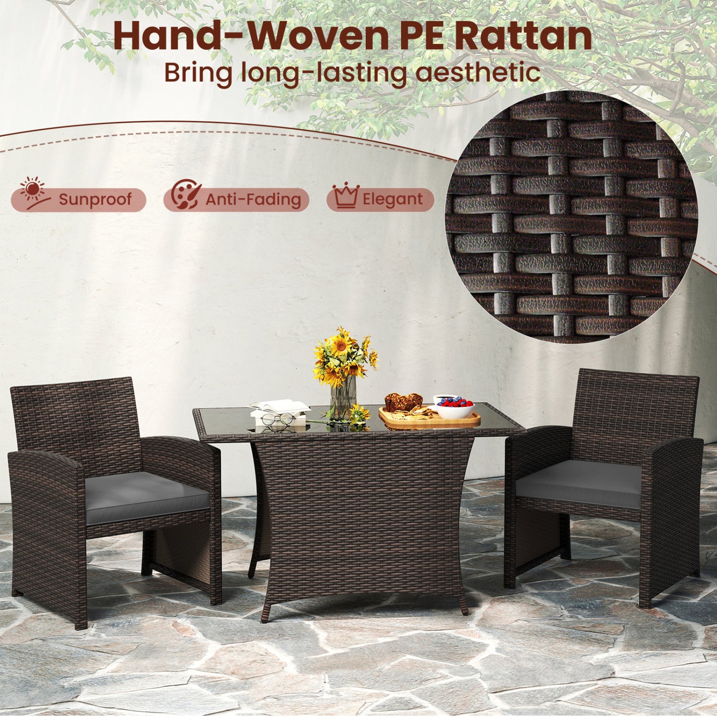 3 Piece Patio Wicker Dining Set, Glass Table, Gray