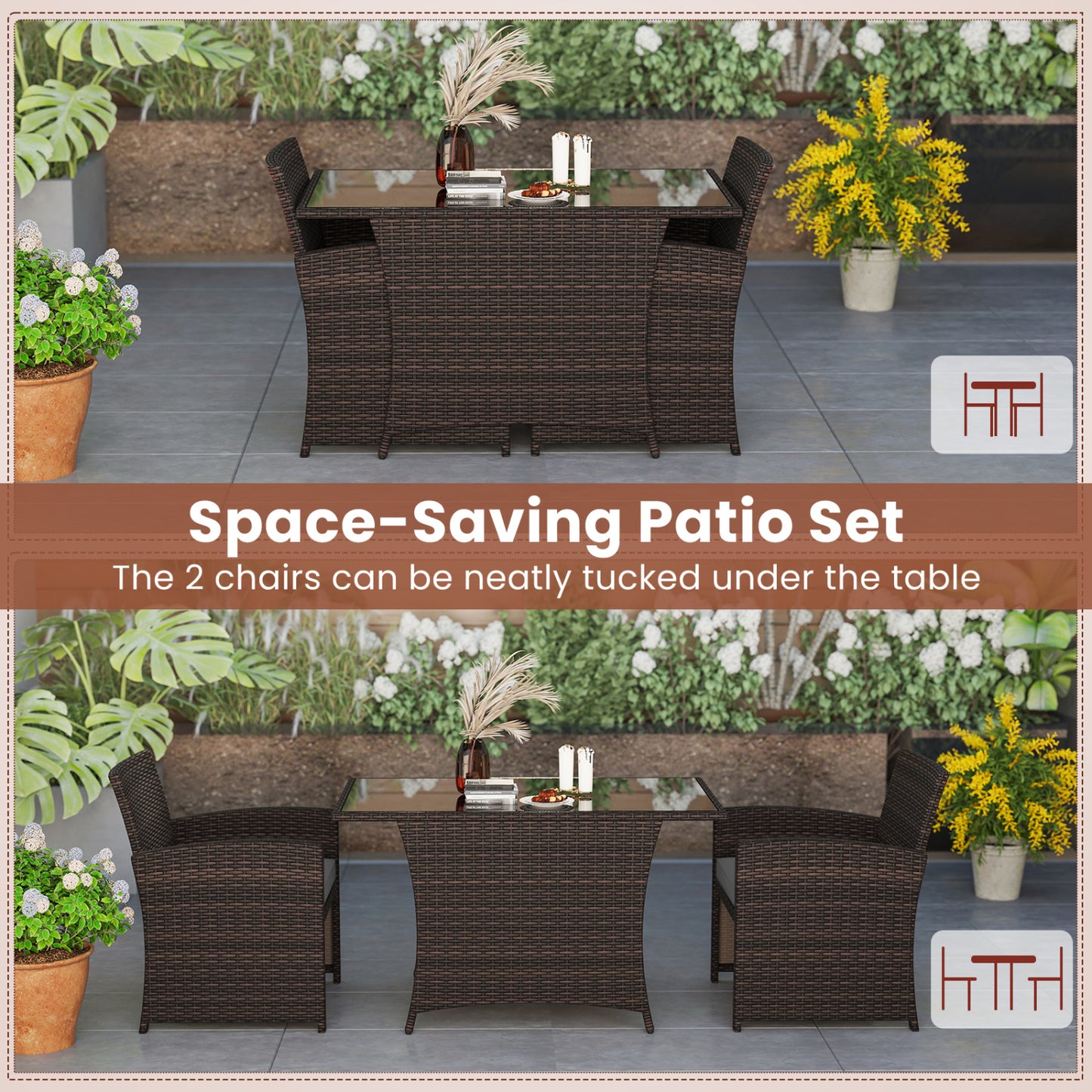 3 Piece Patio Wicker Dining Set, Glass Table, Gray