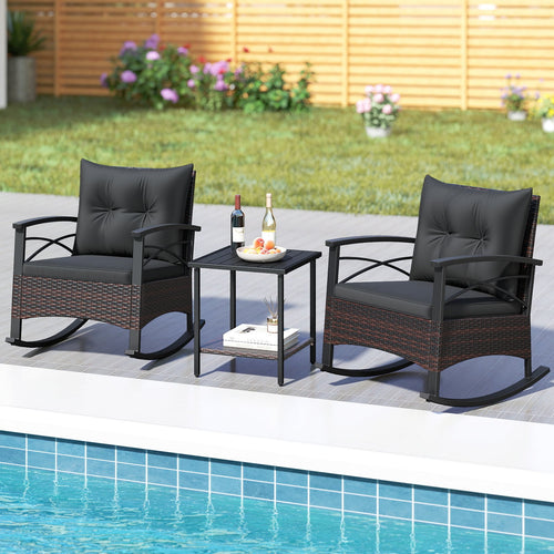 3 Piece Rocking Bistro Set PE Rattan Rocker Chairs with Acacia Wood Top Table, Black