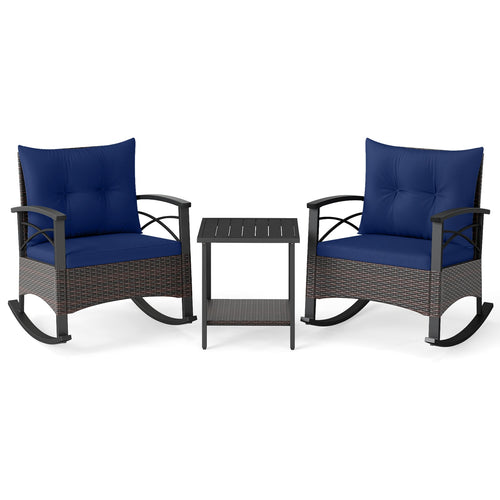 3 Piece Rocking Bistro Set PE Rattan Rocker Chairs with Acacia Wood Top Table, Navy