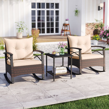 3 Piece Rocking Bistro Set PE Rattan Rocker Chairs with Acacia Wood Top Table, Beige Patio Conversation Sets at Gallery Canada