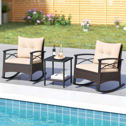 3 Piece Rocking Bistro Set PE Rattan Rocker Chairs with Acacia Wood Top Table, Beige Patio Conversation Sets at Gallery Canada