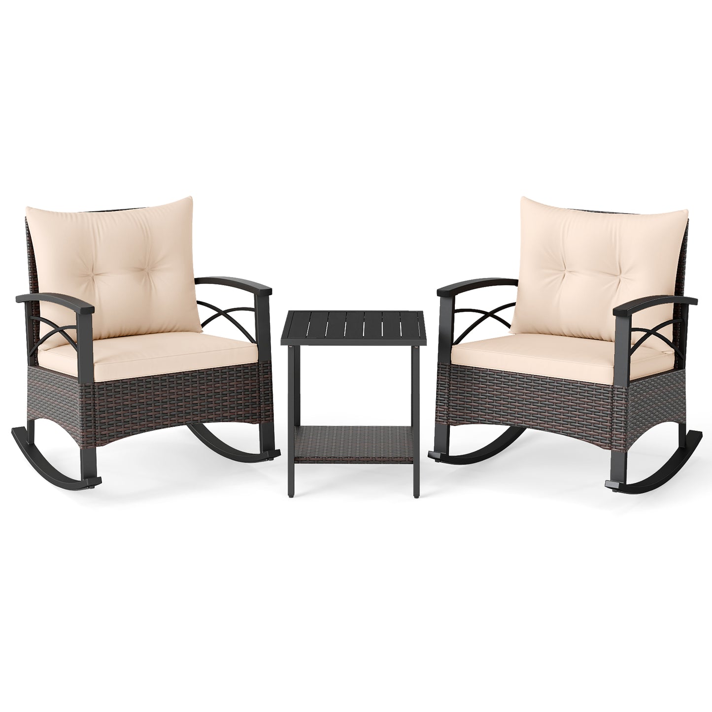 3 Piece Rocking Bistro Set PE Rattan Rocker Chairs with Acacia Wood Top Table, Beige Patio Conversation Sets Beige at Gallery Canada