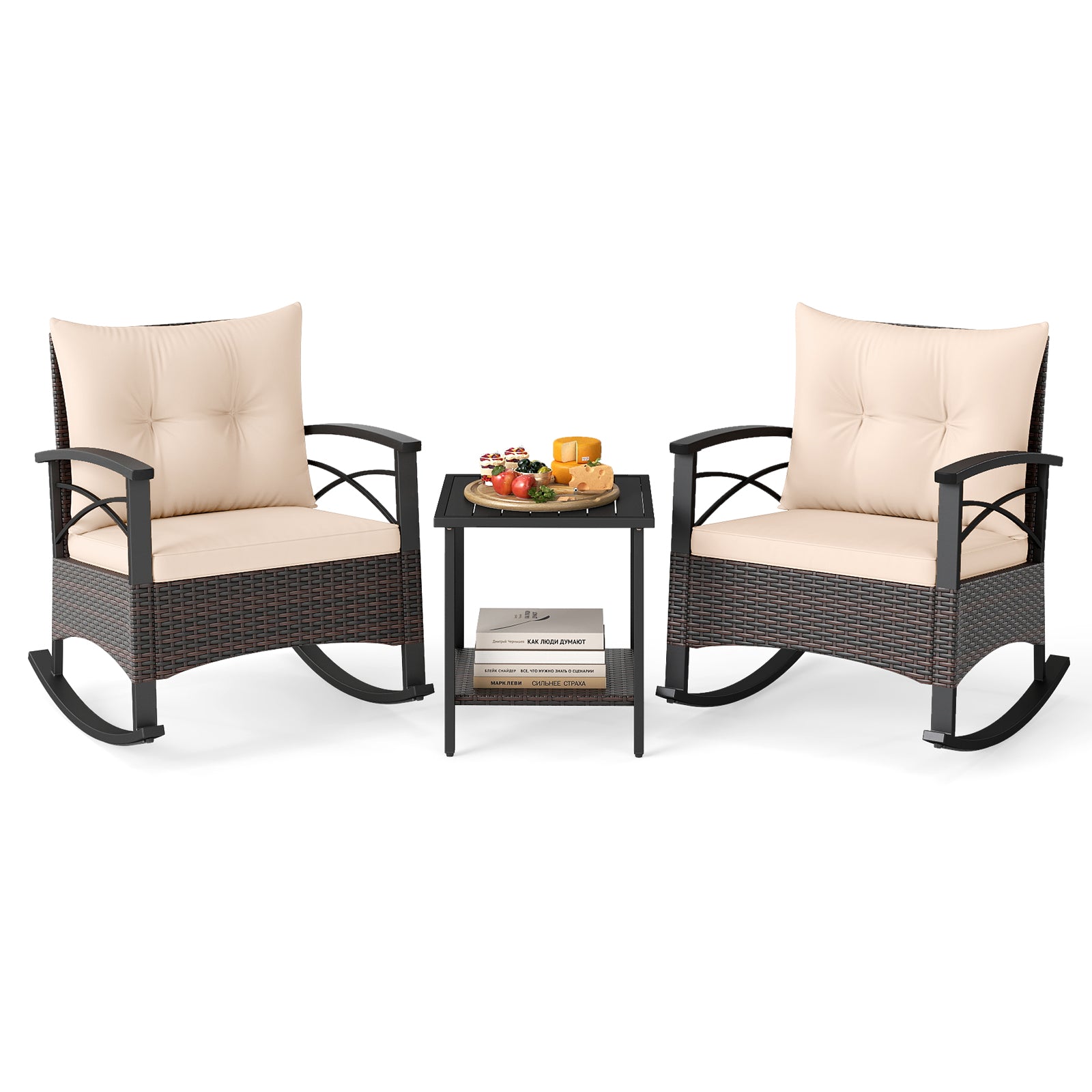 3 Piece Rocking Bistro Set PE Rattan Rocker Chairs with Acacia Wood Top Table, Beige Patio Conversation Sets at Gallery Canada