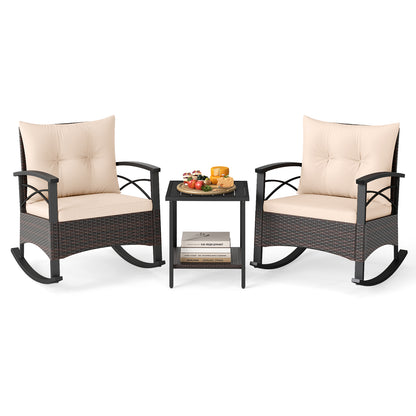 3 Piece Rocking Bistro Set PE Rattan Rocker Chairs with Acacia Wood Top Table, Beige Patio Conversation Sets at Gallery Canada