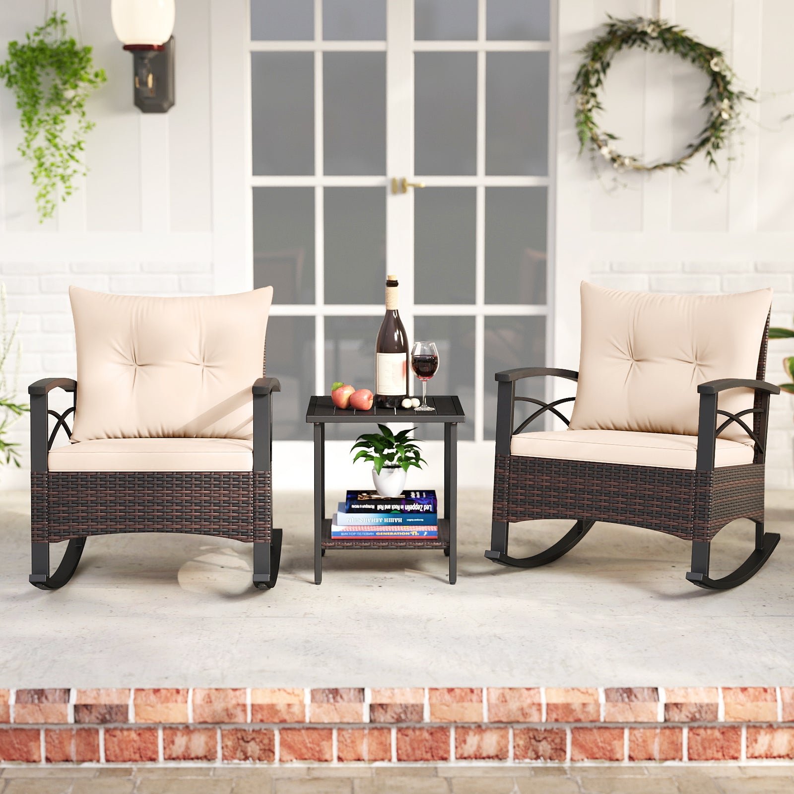 3 Piece Rocking Bistro Set PE Rattan Rocker Chairs with Acacia Wood Top Table, Beige Patio Conversation Sets at Gallery Canada