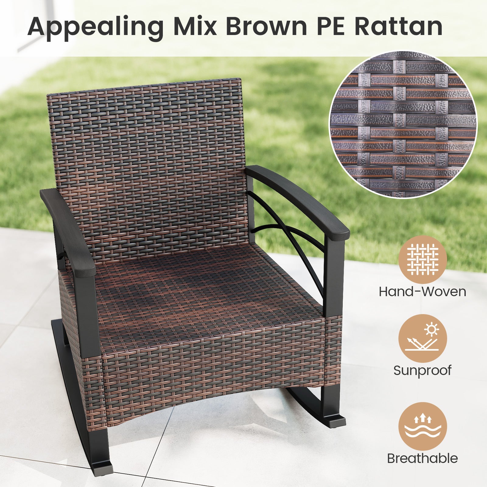 3 Piece Rocking Bistro Set PE Rattan Rocker Chairs with Acacia Wood Top Table, Beige Patio Conversation Sets at Gallery Canada
