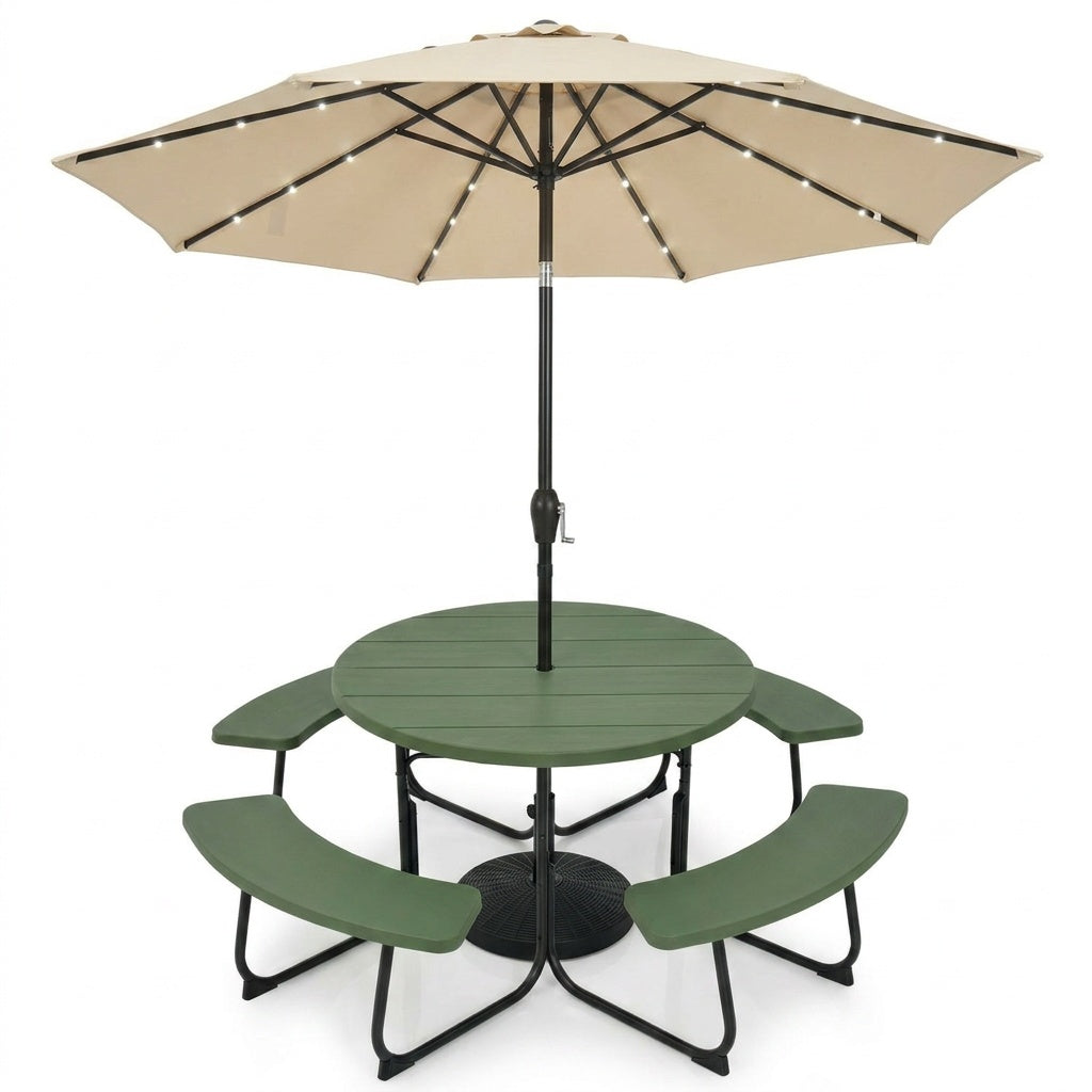 3-Piece Round Picnic Set with 10FT Solar LED Umbrella, Base Picnic Tables at Gallery Canada