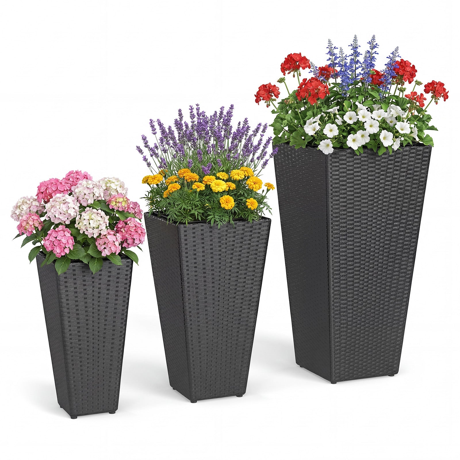 3-Piece Wicker Planters Tapered PP Rattan Plant Boxes with Plastic Flower Pots, Black Raised Garden Beds Black at Gallery Canada