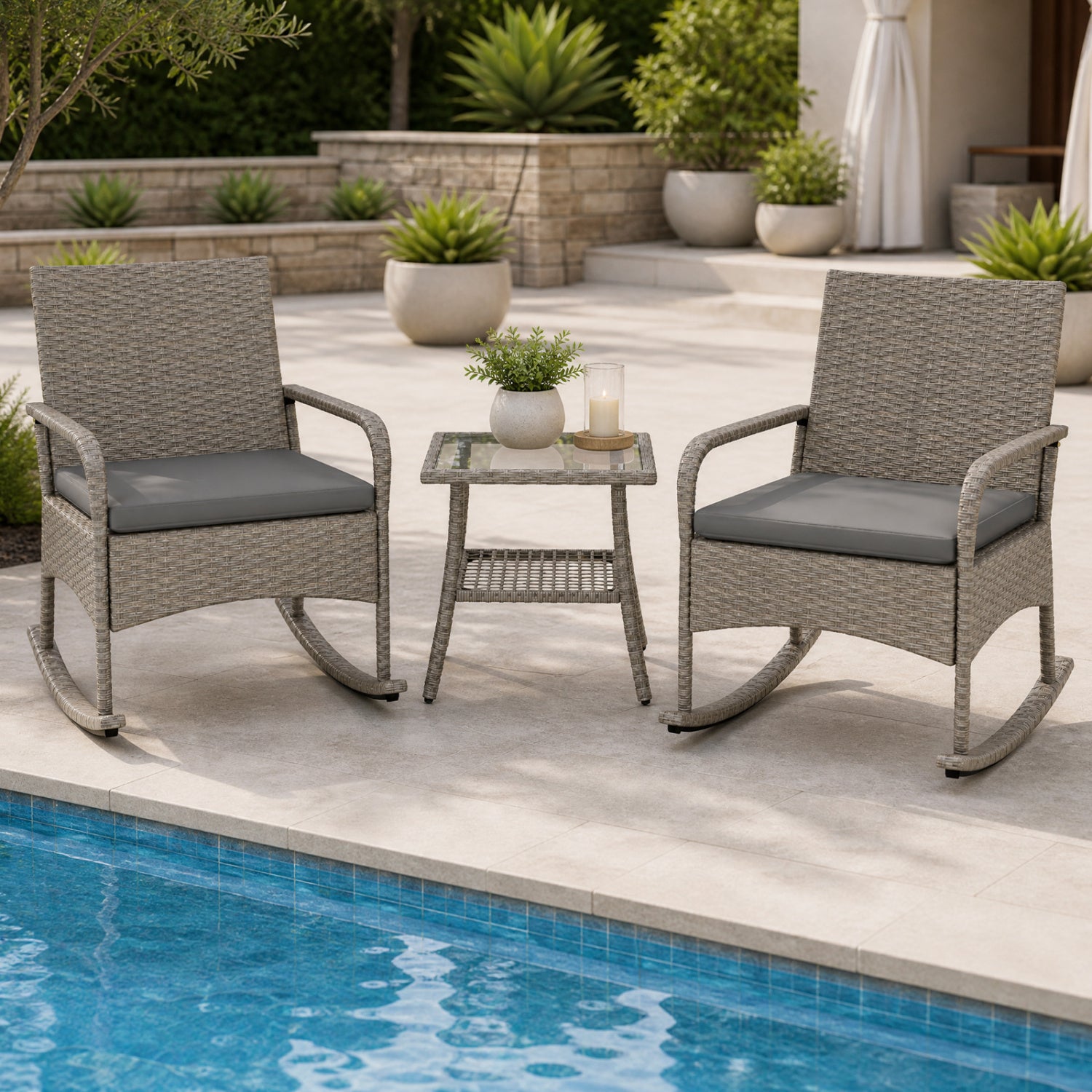 3-Piece Wicker Rocking Bistro Set With Cushions, Gray Patio Dining Sets at Gallery Canada
