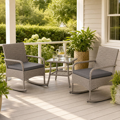 3-Piece Wicker Rocking Bistro Set With Cushions, Gray Patio Dining Sets at Gallery Canada