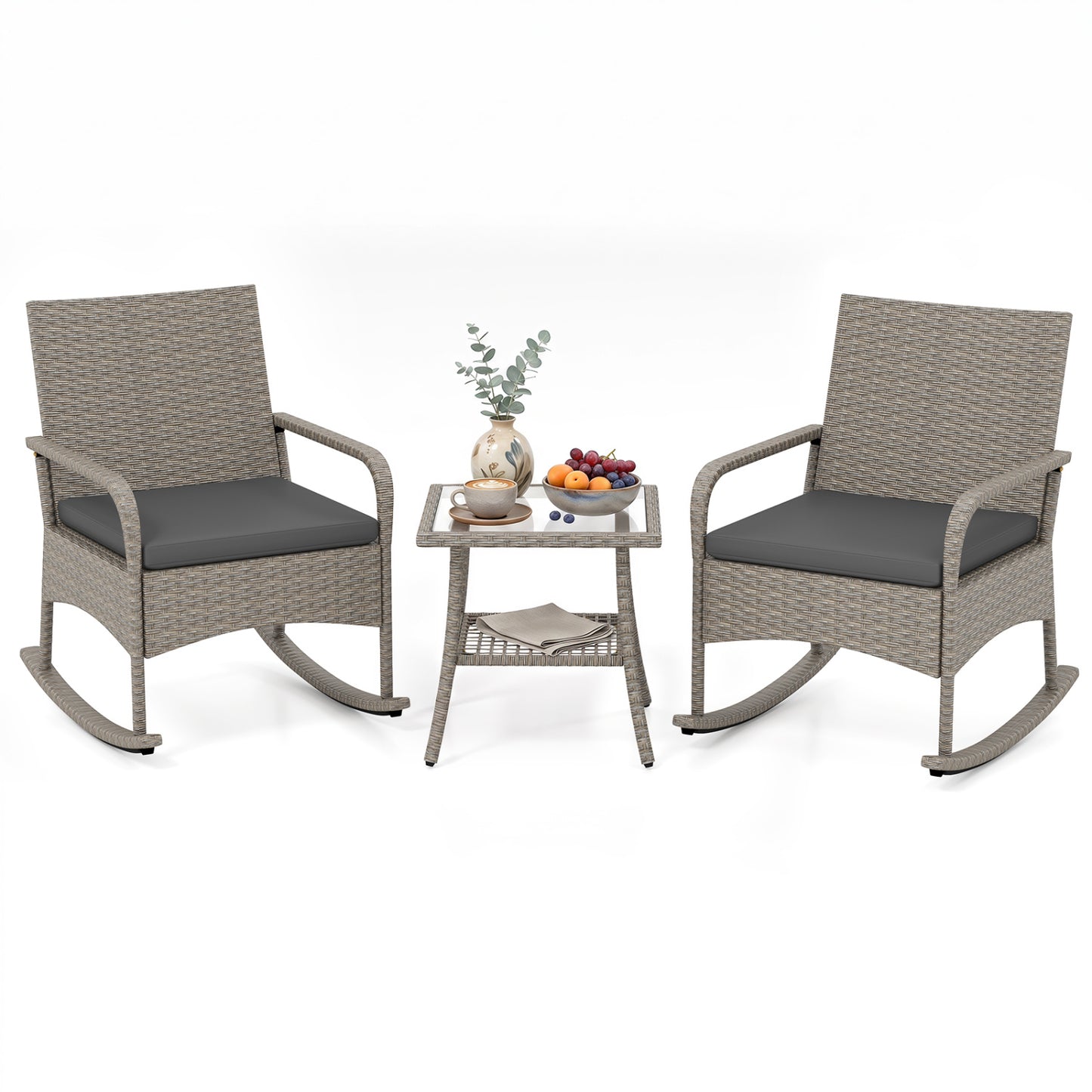3-Piece Wicker Rocking Bistro Set With Cushions, Gray Patio Dining Sets Gray at Gallery Canada