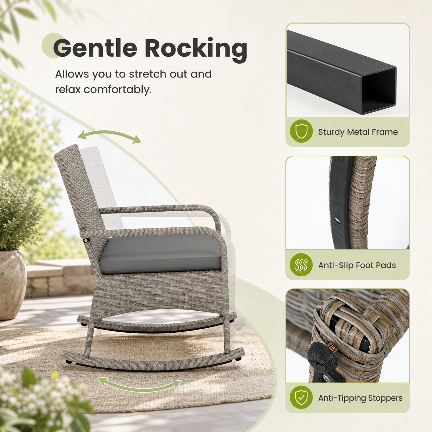 3-Piece Wicker Rocking Bistro Set With Cushions, Gray Patio Dining Sets at Gallery Canada
