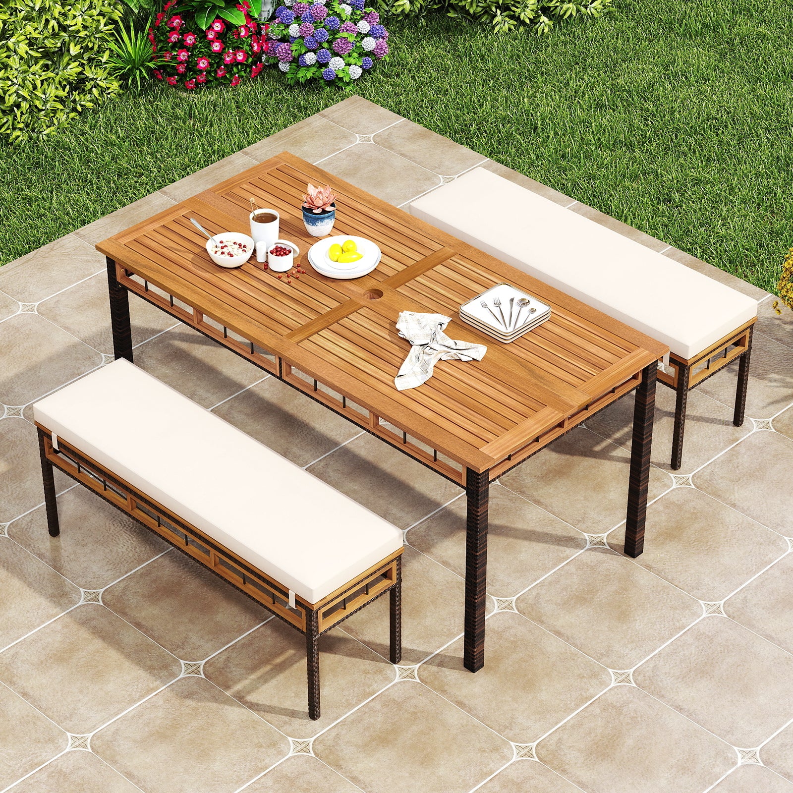 3 Pieces Acacia Wood Patio Dining Set for Deck and Backyard Patio Dining Sets at Gallery Canada