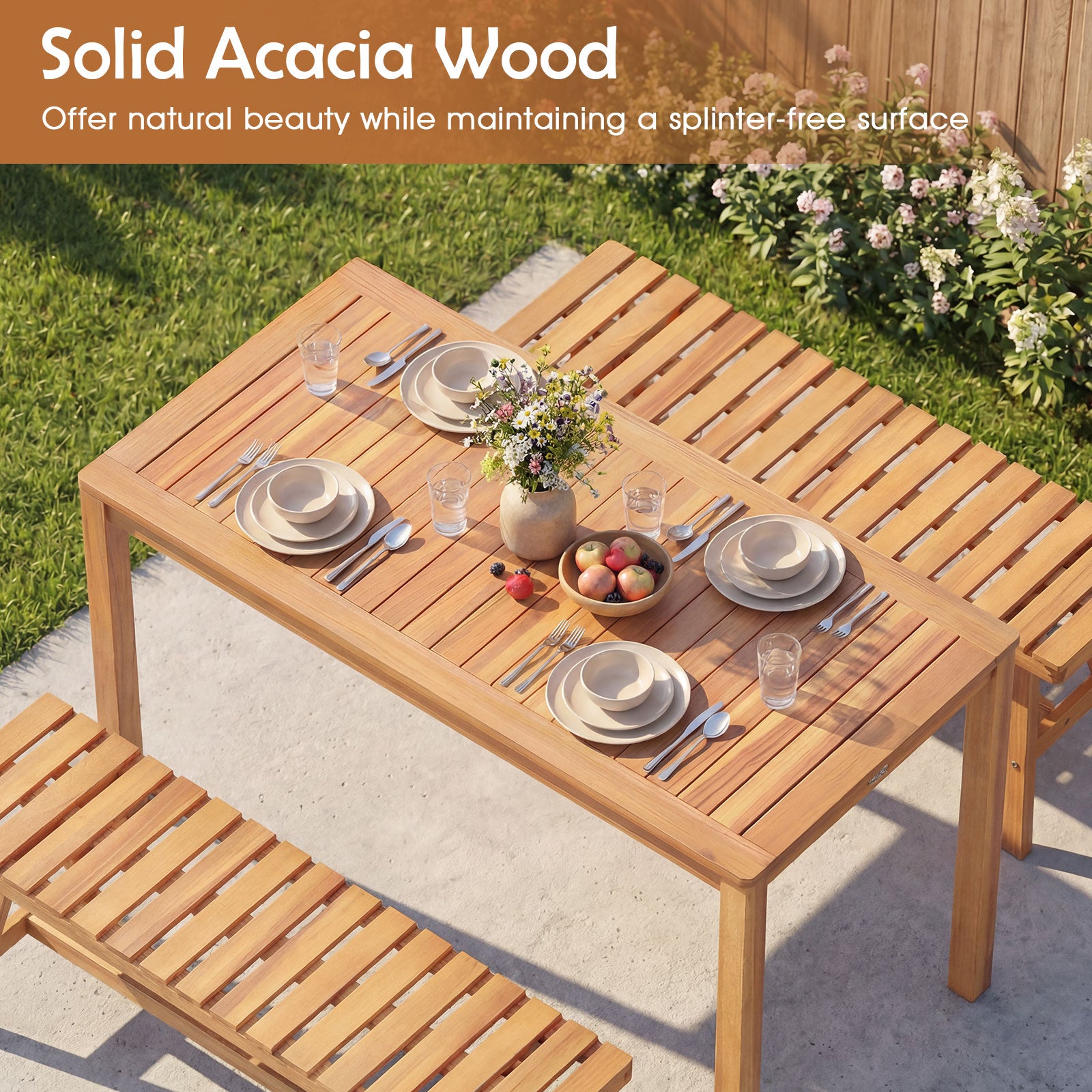 3 Pieces Acacia Wood Patio Dining Set Outdoor Rectangular Table and Benches with Slatted Seats Patio Dining Sets at Gallery Canada