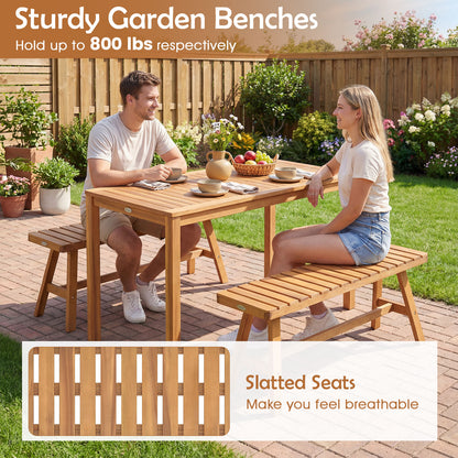 3 Pieces Acacia Wood Patio Dining Set Outdoor Rectangular Table and Benches with Slatted Seats Patio Dining Sets at Gallery Canada