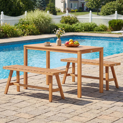 3 Pieces Acacia Wood Patio Dining Set Outdoor Rectangular Table and Benches with Slatted Seats Patio Dining Sets at Gallery Canada