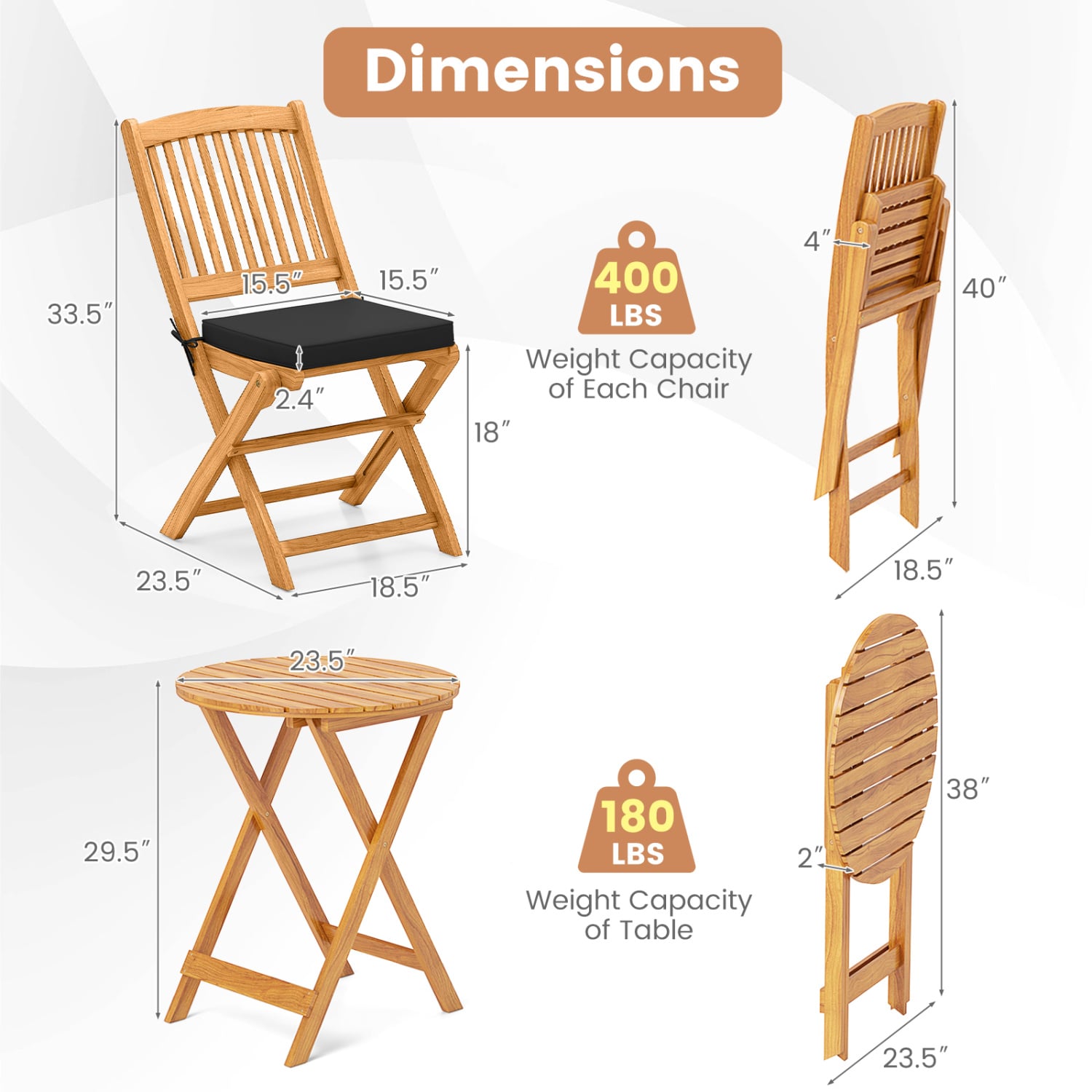 Acacia Wood Patio Folding Bistro Set, Black Patio Conversation Sets at Gallery Canada