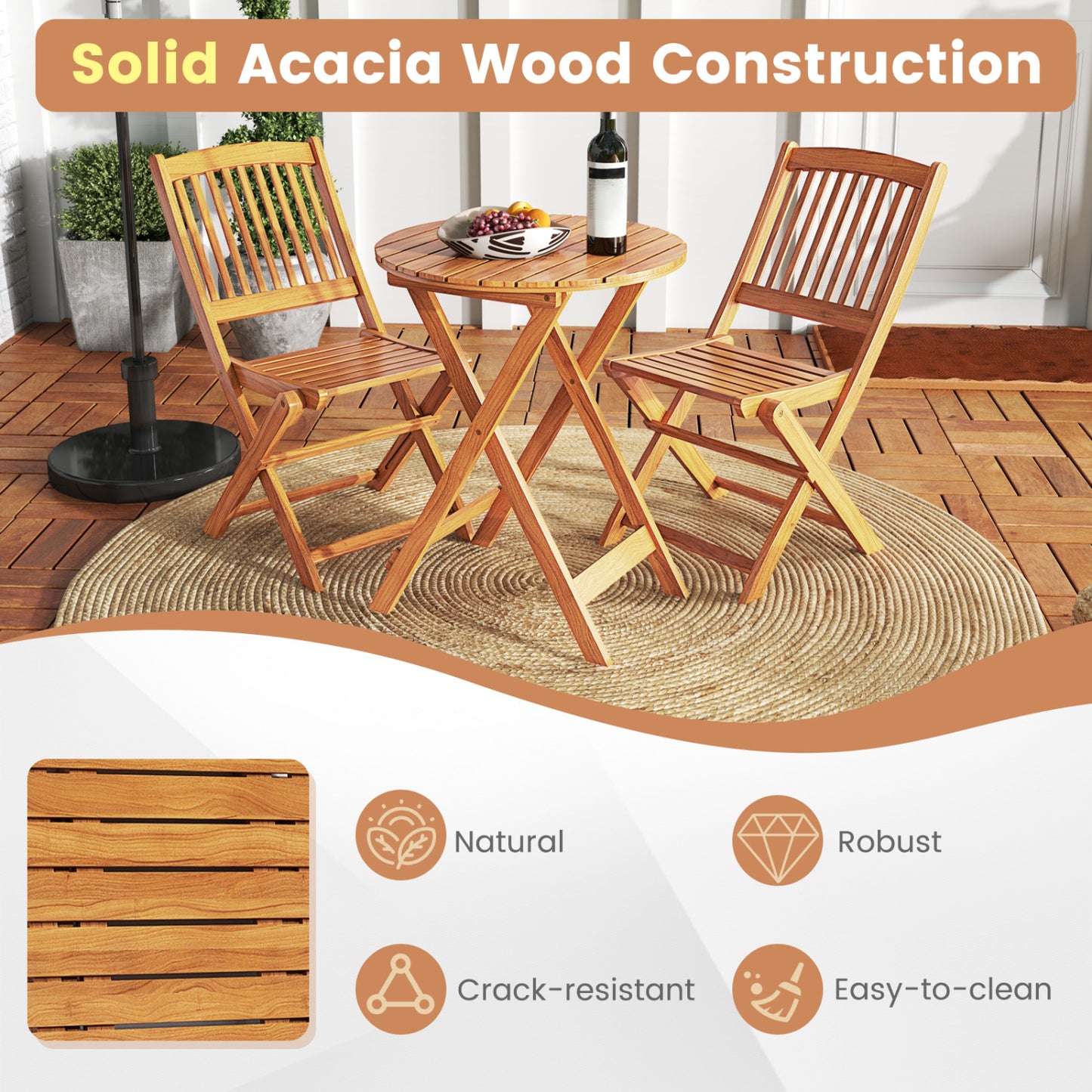Acacia Wood Patio Folding Bistro Set, Black Patio Conversation Sets at Gallery Canada