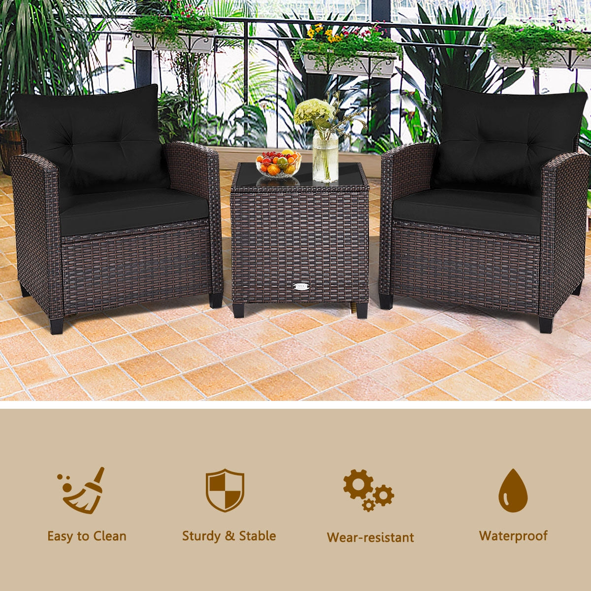 3 Piece Rattan Patio Set With Coffee Table, Black Patio Conversation Sets at Gallery Canada