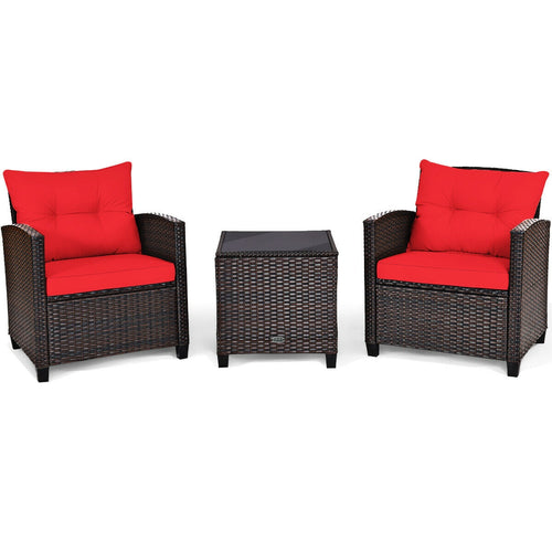 3-Piece Cushioned Rattan Patio Set With Coffee Table, Red