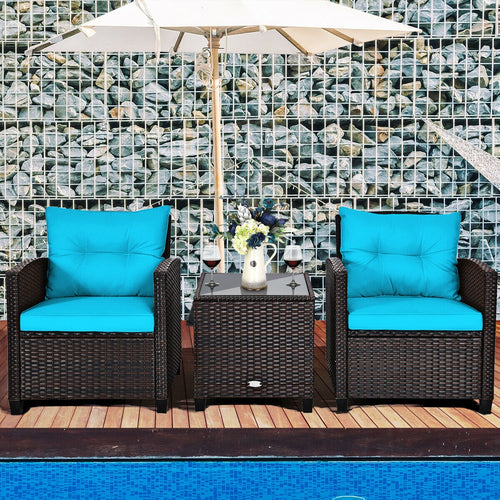 3-Piece Rattan Patio Set With Coffee Table, Turquoise