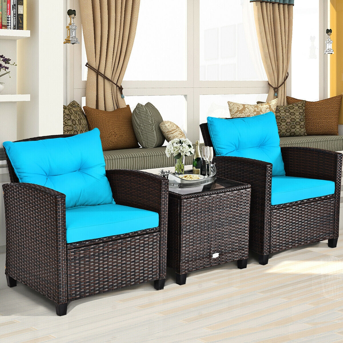 3-Piece Rattan Patio Set With Coffee Table, Turquoise Patio Conversation Sets at Gallery Canada