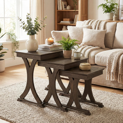 3 Pieces Nesting Coffee Table Side Table with Solid Rubber Wood Legs, Brown End & Side Tables at Gallery Canada