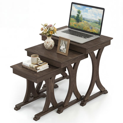 3 Pieces Nesting Coffee Table Side Table with Solid Rubber Wood Legs, Brown End & Side Tables Brown at Gallery Canada