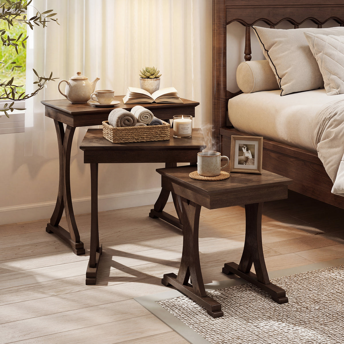 3 Pieces Nesting Coffee Table Side Table with Solid Rubber Wood Legs, Brown End & Side Tables at Gallery Canada