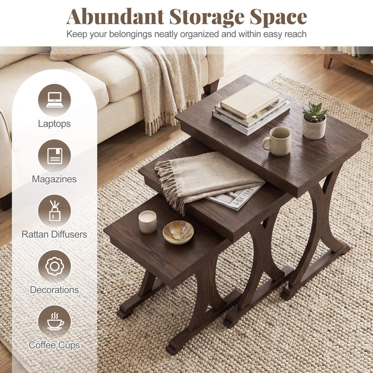 3 Pieces Nesting Coffee Table Side Table with Solid Rubber Wood Legs, Brown End & Side Tables at Gallery Canada