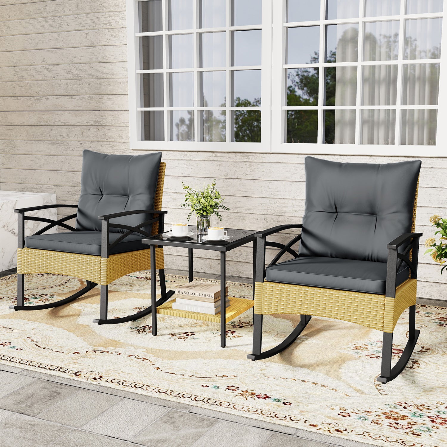 3-Piece Outdoor Rattan Rocking Chairs Set With 2-Tier Side Table, Gray Patio Conversation Sets at Gallery Canada