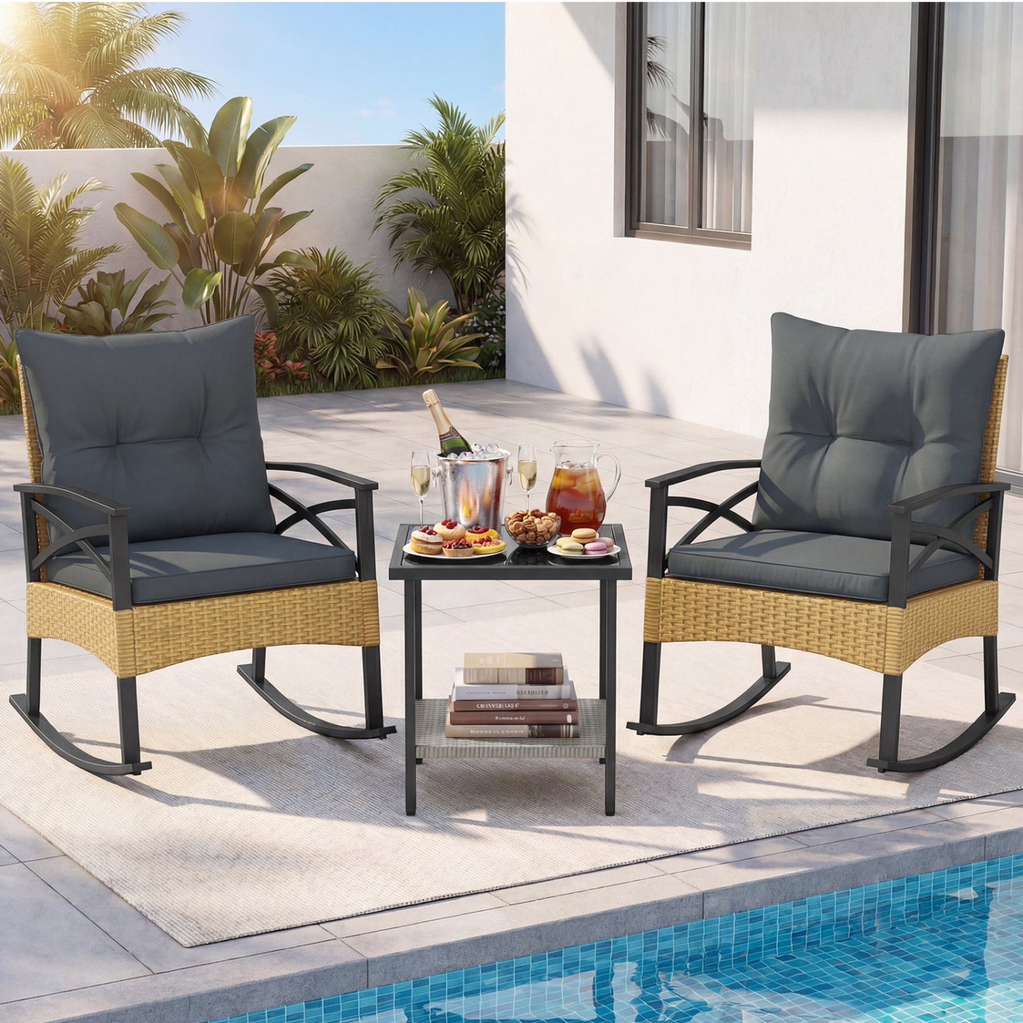 3-Piece Outdoor Rattan Rocking Chairs Set With 2-Tier Side Table, Gray Patio Conversation Sets at Gallery Canada