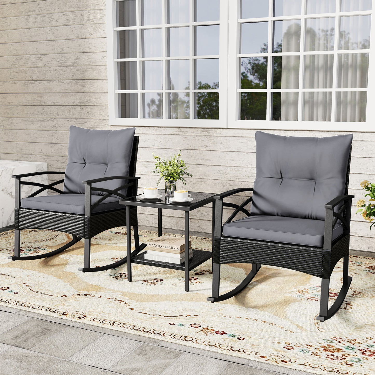 3 Piece Outdoor Rattan Rocking Chairs Set with Side Table, Black & Gray Patio Conversation Sets at Gallery Canada