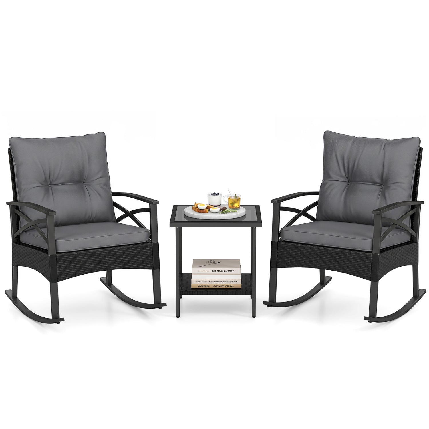 3 Piece Outdoor Rattan Rocking Chairs Set with Side Table, Black & Gray Patio Conversation Sets Black & Gray at Gallery Canada