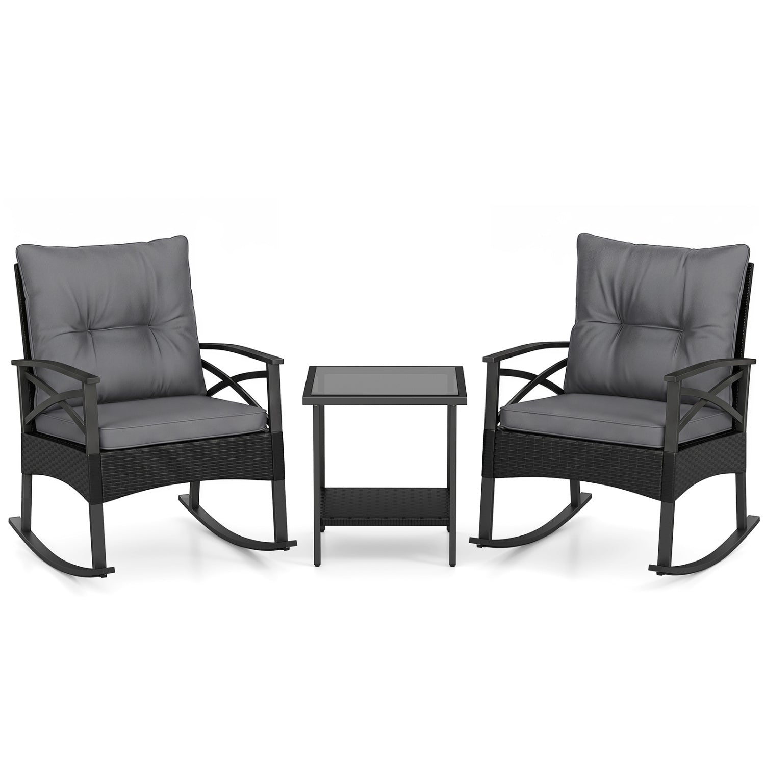3 Piece Outdoor Rattan Rocking Chairs Set with Side Table, Black & Gray Patio Conversation Sets at Gallery Canada