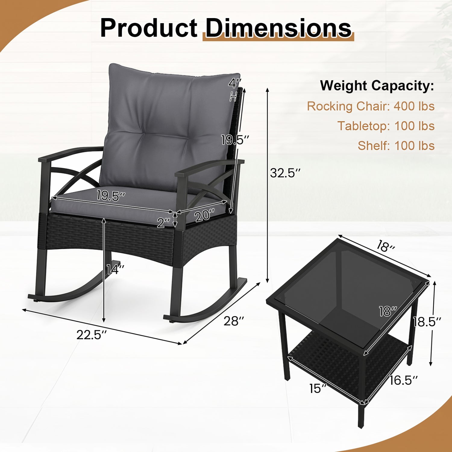 3 Piece Outdoor Rattan Rocking Chairs Set with Side Table, Black & Gray Patio Conversation Sets at Gallery Canada