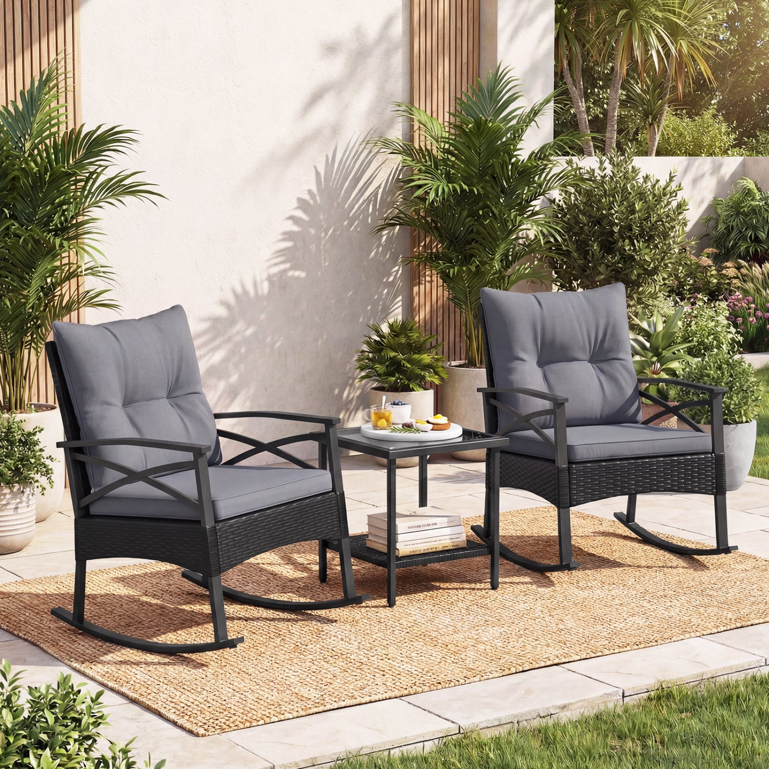 3 Piece Outdoor Rattan Rocking Chairs Set with Side Table, Black & Gray Patio Conversation Sets at Gallery Canada