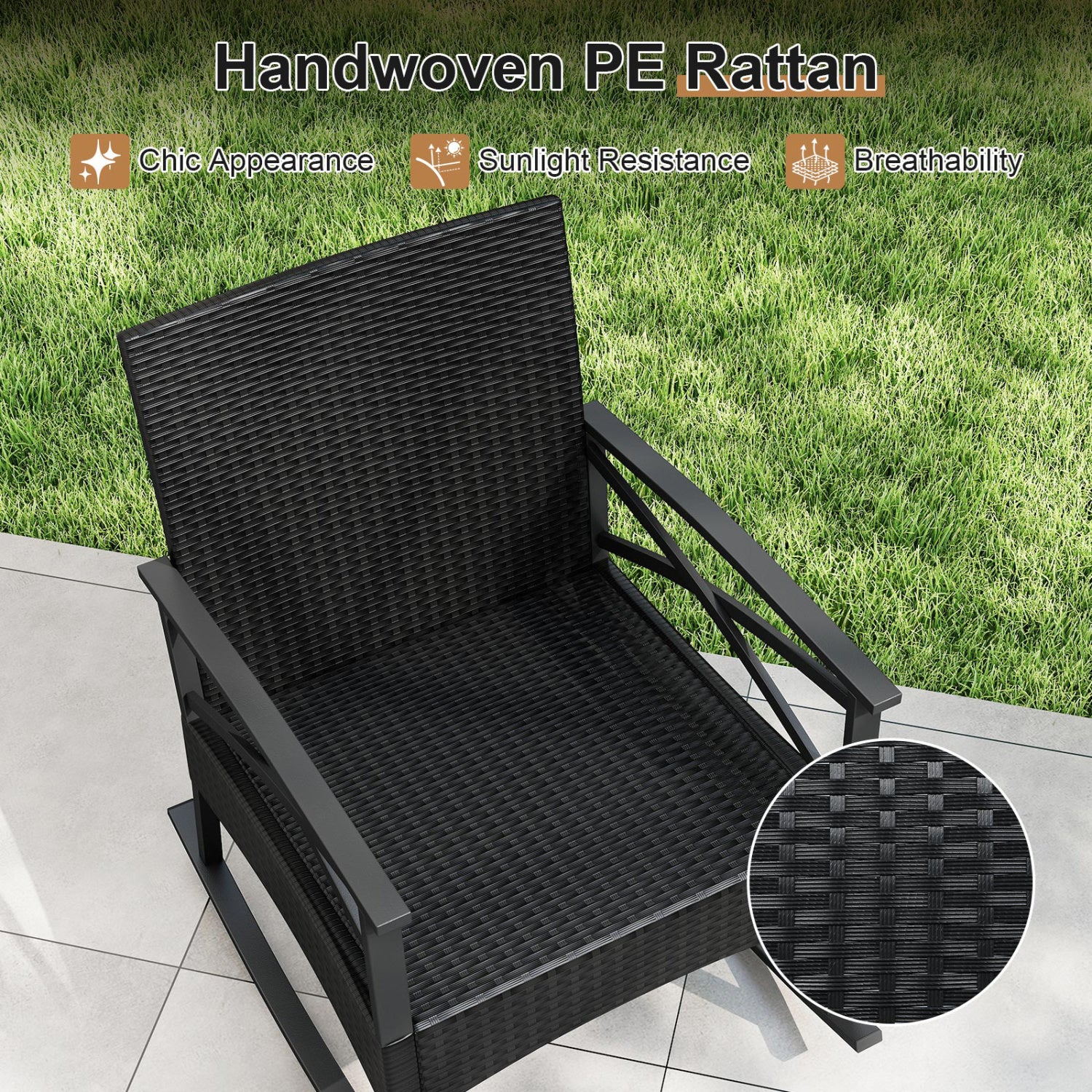3 Piece Outdoor Rattan Rocking Chairs Set with Side Table, Black & Gray Patio Conversation Sets at Gallery Canada