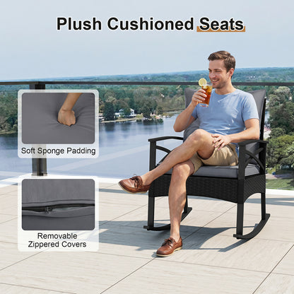 3 Piece Outdoor Rattan Rocking Chairs Set with Side Table, Black & Gray Patio Conversation Sets at Gallery Canada