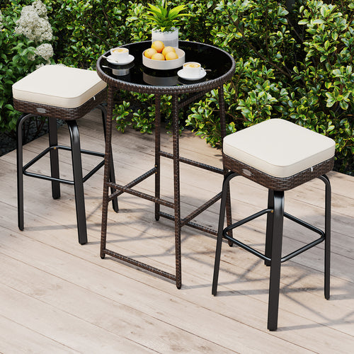 3 Piece Outdoor Swivel Bar Set, PE Rattan Bar Height Table With 2 Chairs, White