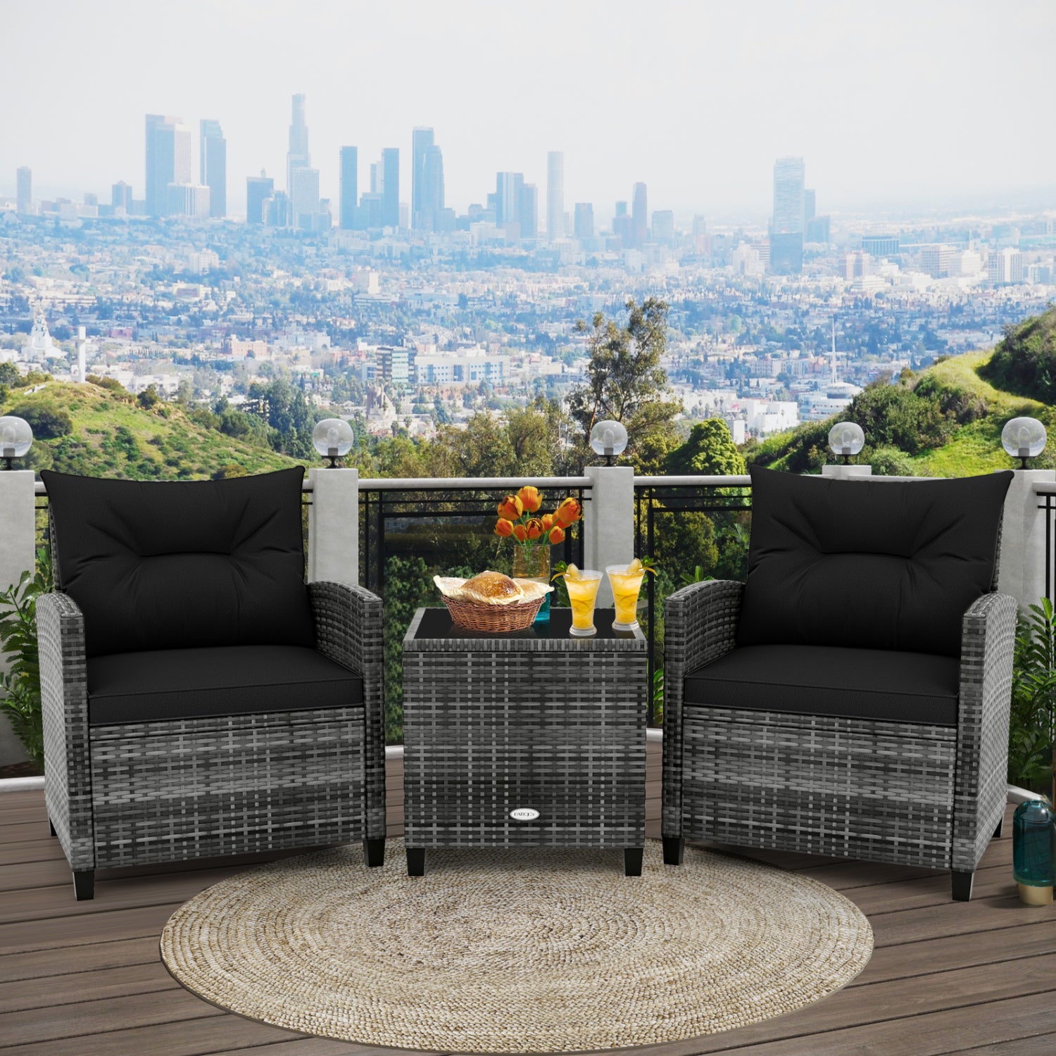 3-Piece Outdoor Wicker Conversation Set, Tempered Glass Tabletop, Black Patio Conversation Sets at Gallery Canada