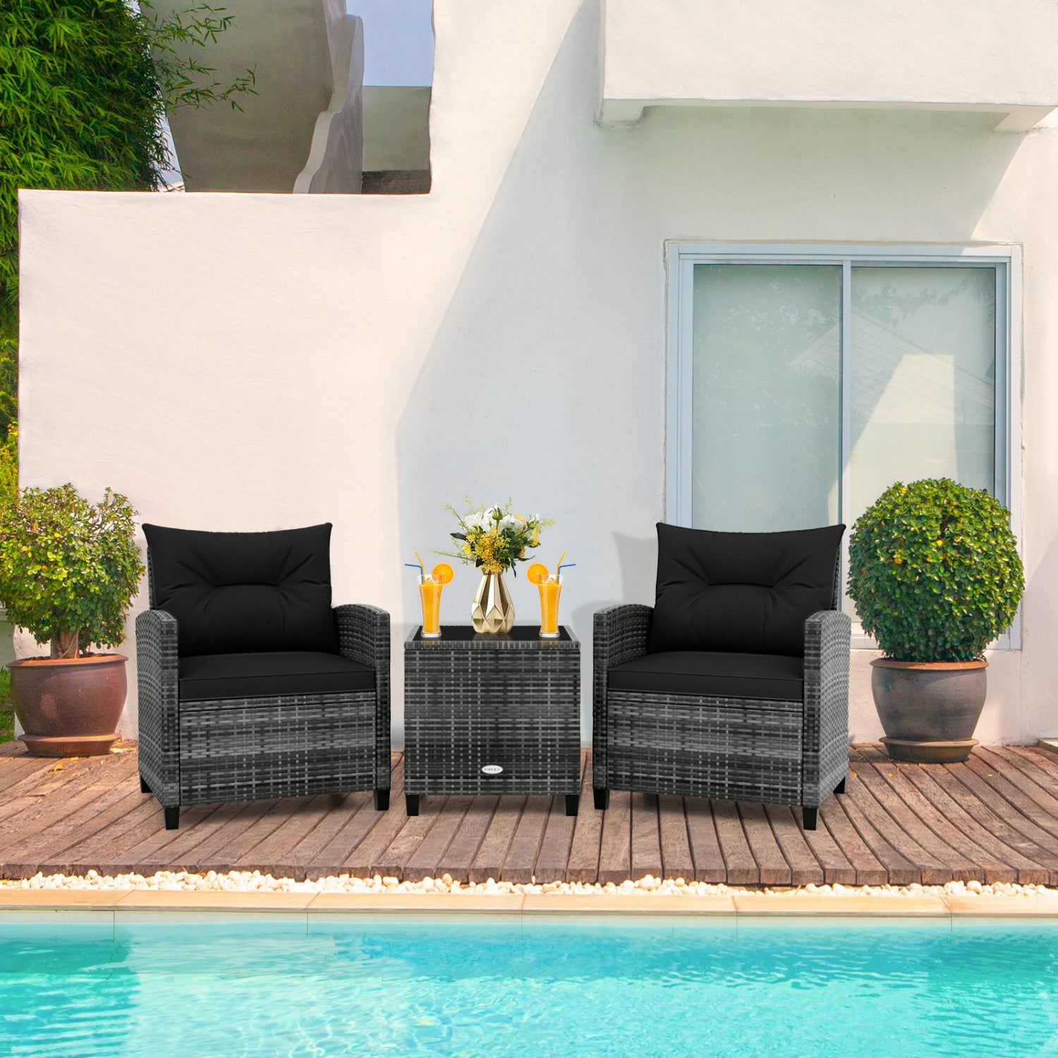 3-Piece Outdoor Wicker Conversation Set, Tempered Glass Tabletop, Black Patio Conversation Sets at Gallery Canada