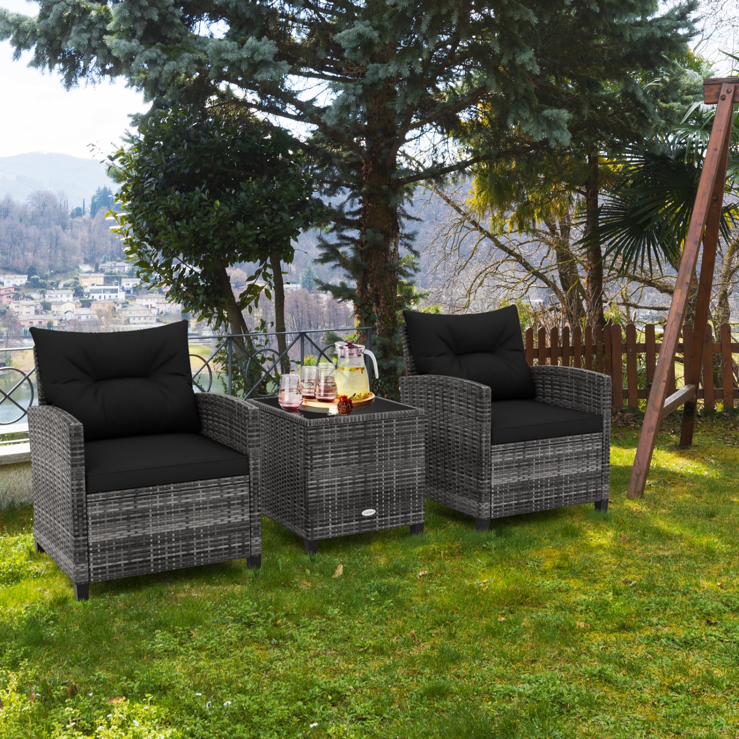 3-Piece Outdoor Wicker Conversation Set, Tempered Glass Tabletop, Black Patio Conversation Sets at Gallery Canada