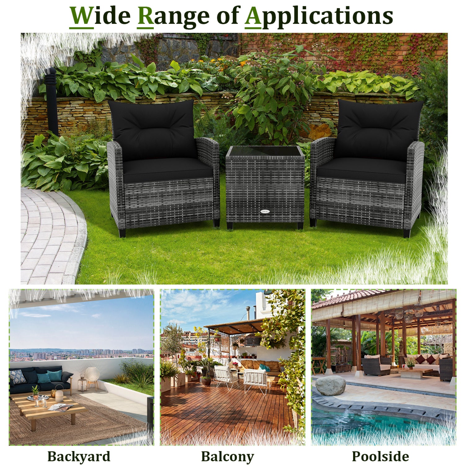 3-Piece Outdoor Wicker Conversation Set, Tempered Glass Tabletop, Black Patio Conversation Sets at Gallery Canada