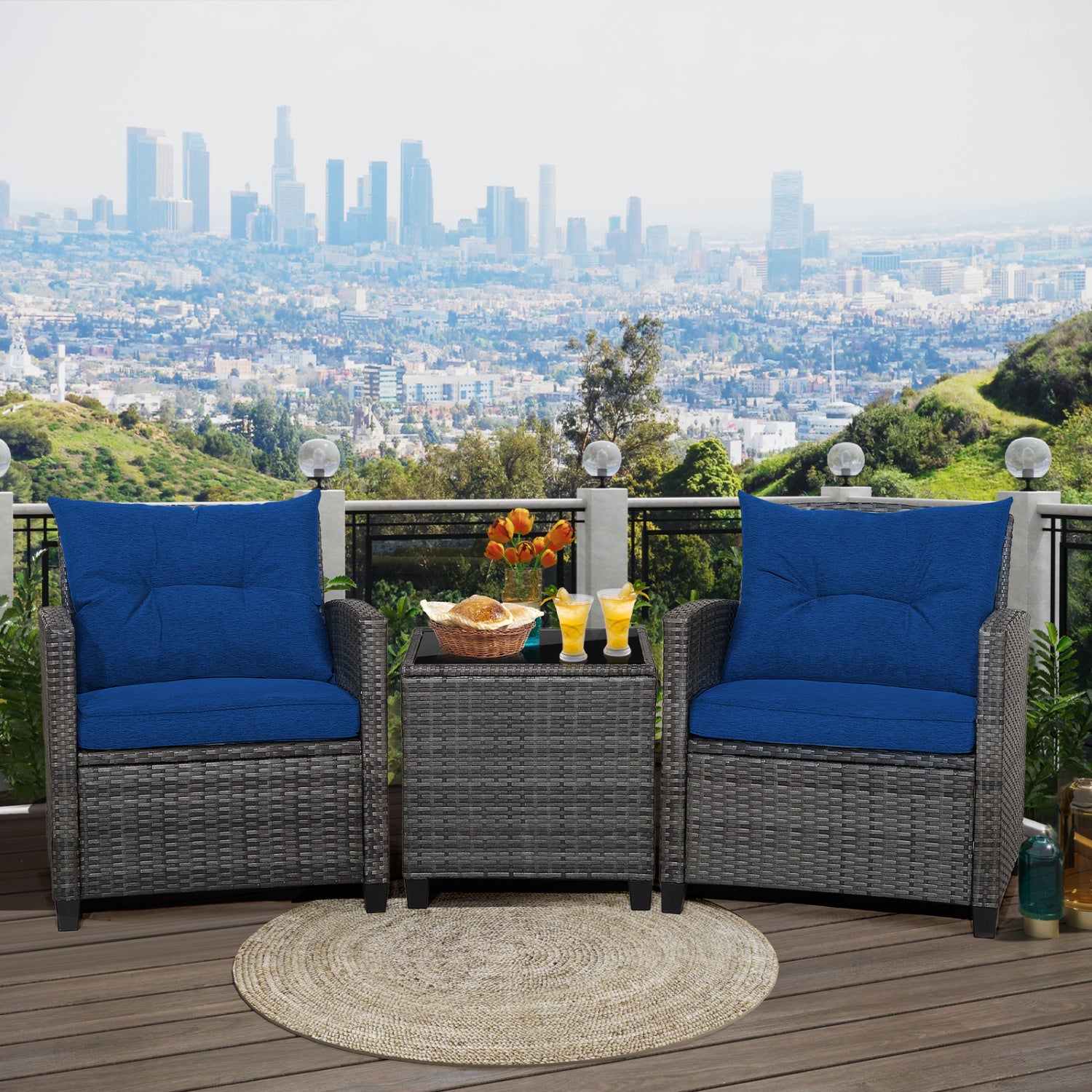 Outdoor Wicker Conversation Set, 3 Pieces, Tempered Glass Tabletop, Navy Patio Conversation Sets at Gallery Canada