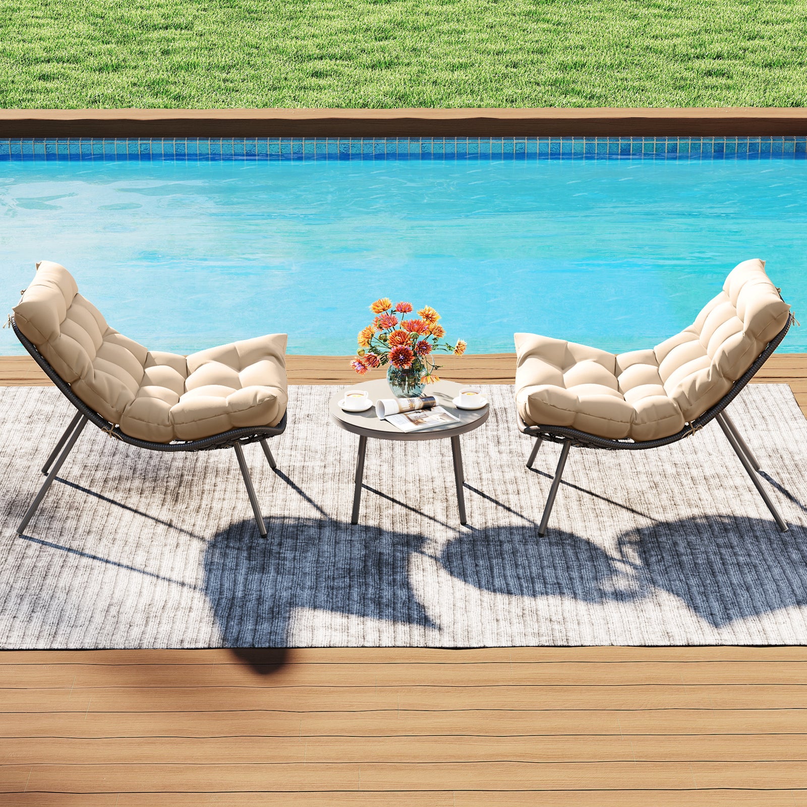 3-Piece PE Rattan Conversation Set, Cushioned Papasan Chairs, Beige Patio Conversation Sets at Gallery Canada