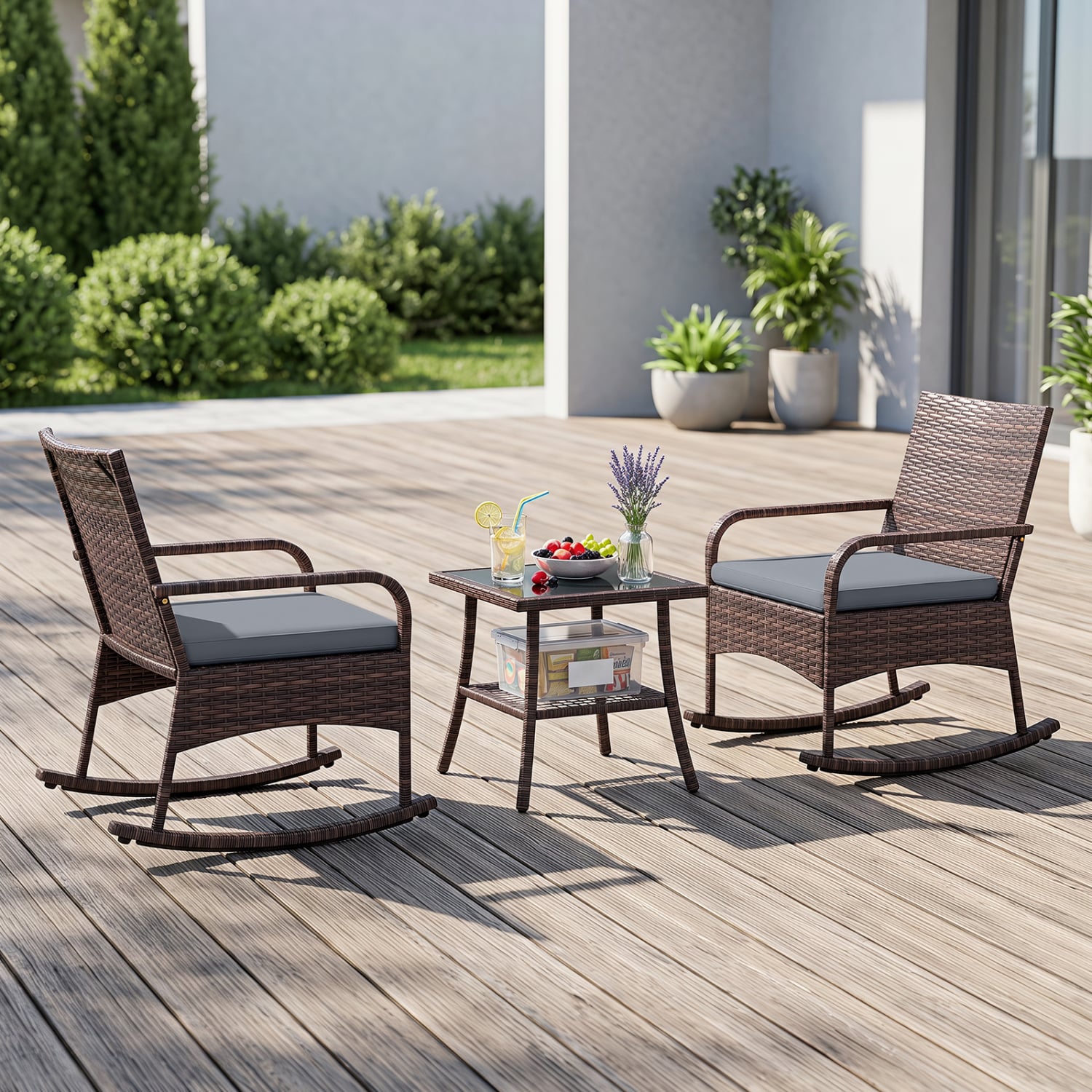 3-Piece PE Wicker Rocking Set, 2-Tier Table, Gray Patio Conversation Sets at Gallery Canada