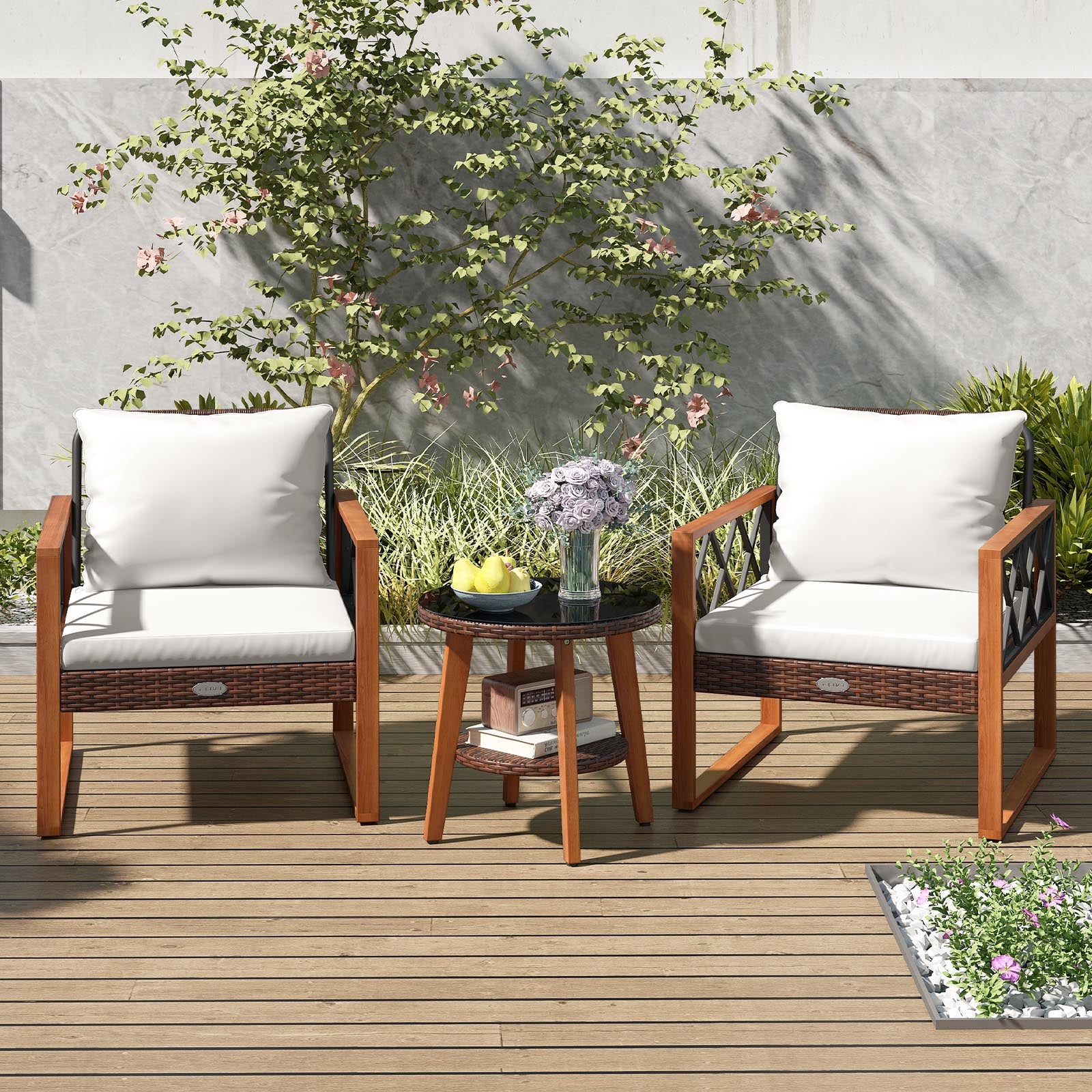 3 Piece Patio Set, Tempered Glass Table, Soft Cushions, Off White Patio Conversation Sets at Gallery Canada